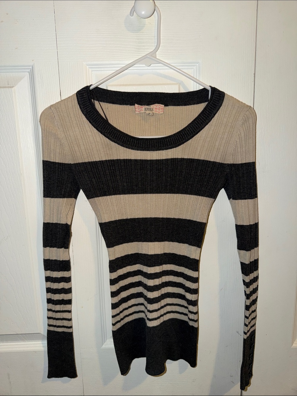 Pink Republic Black and Tan Striped Long Sleeve Ribbed Tee